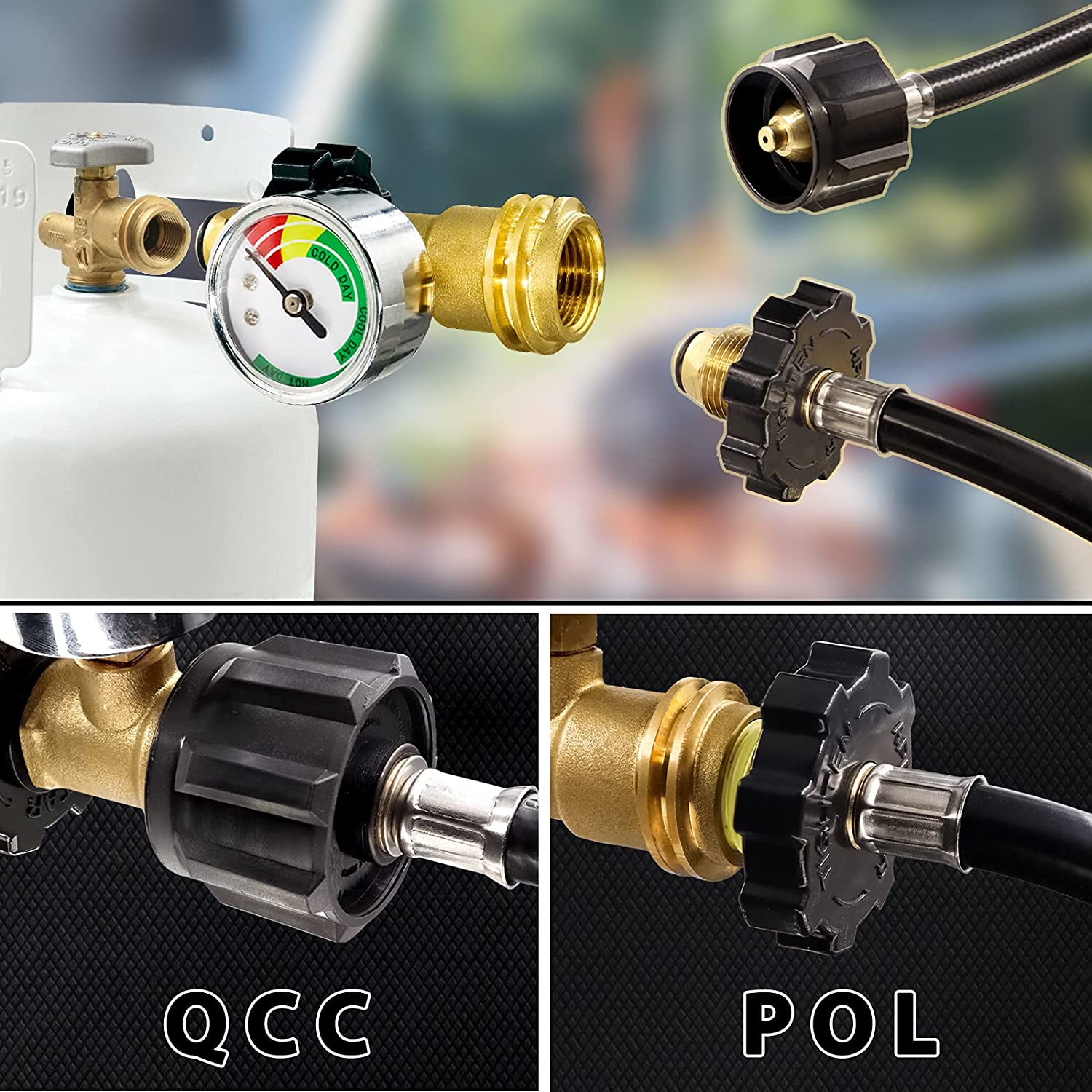 Adaptador de tanque de propano com detector de vazamento de medidor POL para QCC1