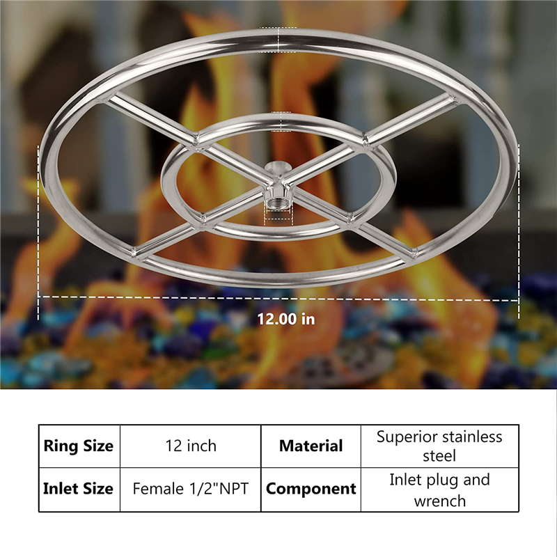 Kit de anel de queimador de aço inoxidável para fogueira de gás propano LP de 12 '