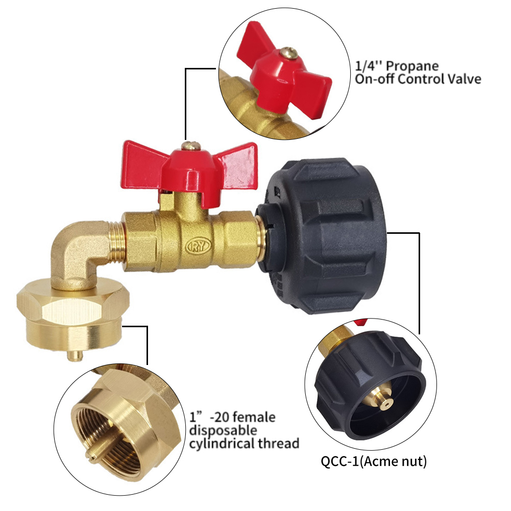 Adaptador de cotovelo de recarga de propano de 90 graus com válvula de 1/4 polegadas