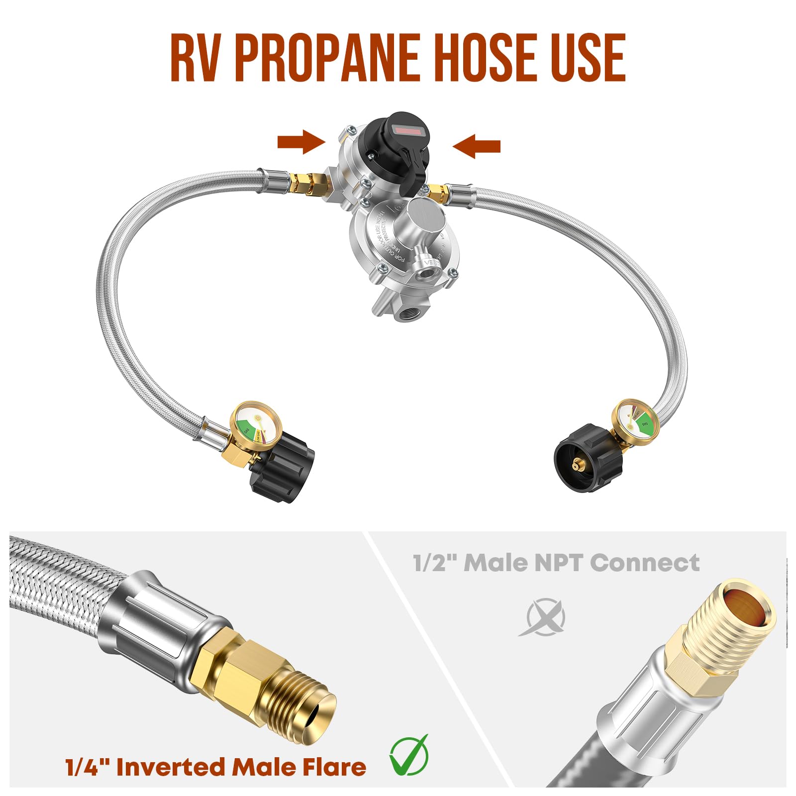 2pcs 1/4 'Mangueira de propano invertido de RV com medidor para regulador